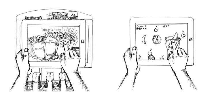 Storyboard sketches: scanning the table tent, selecting a drink, catching fruit and sharing
