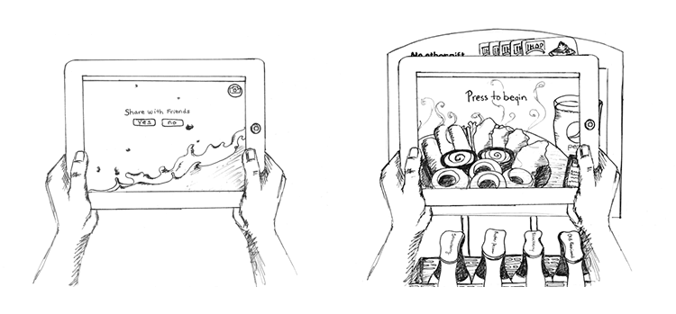 Storyboard sketches: start screen and Appetizer Sampler game frames