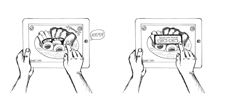 Storyboard sketches: Appetizer Sampler game and share-with-friends screen