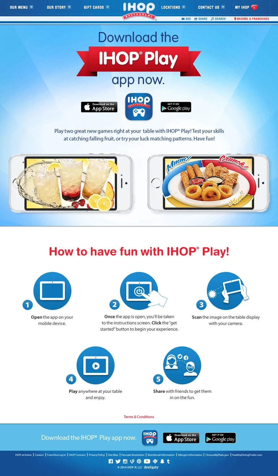 "Download the IHOP Play app now" landing page with app store badges, both games and five how-to-play steps
