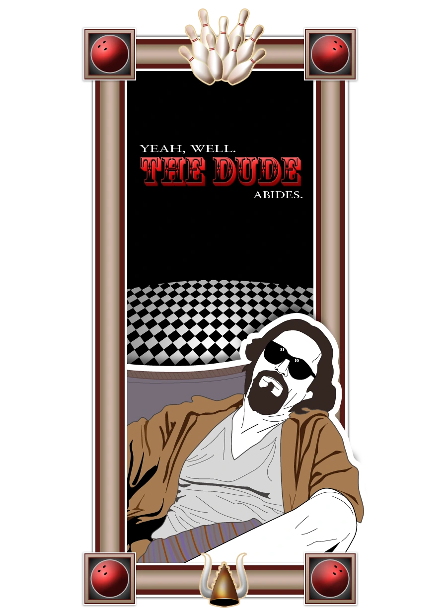 The Dude, lounging with a White Russian, in an ornate bowling-themed frame: The Dude abides