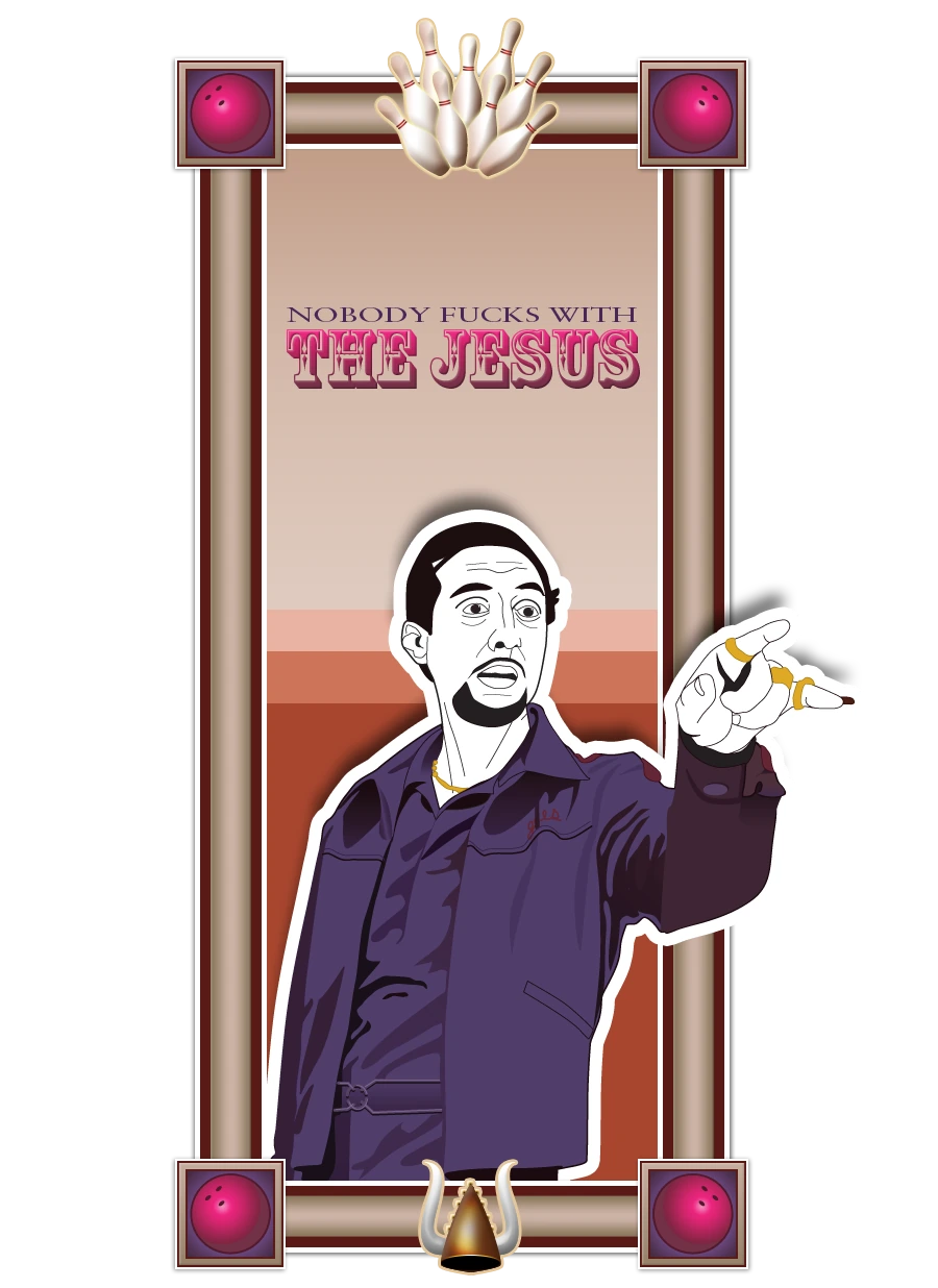 Jesus in purple, licking a bowling ball, in an ornate bowling-themed frame