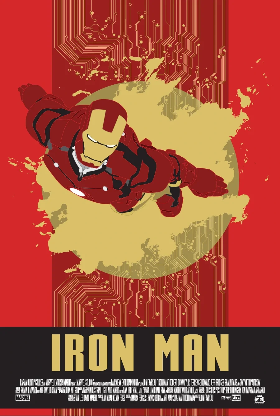 Iron Man fan poster: Iron Man in flight on a red background with a gold splash