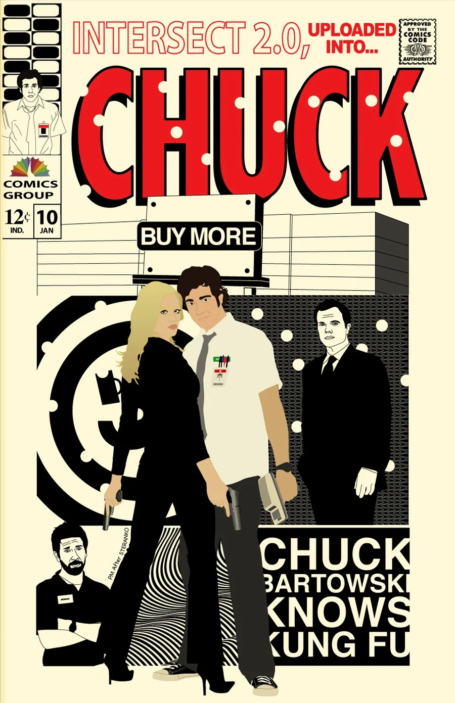 Chuck comic-book cover parody: Intersect 2.0 Uploaded, with Chuck, Sarah and Casey