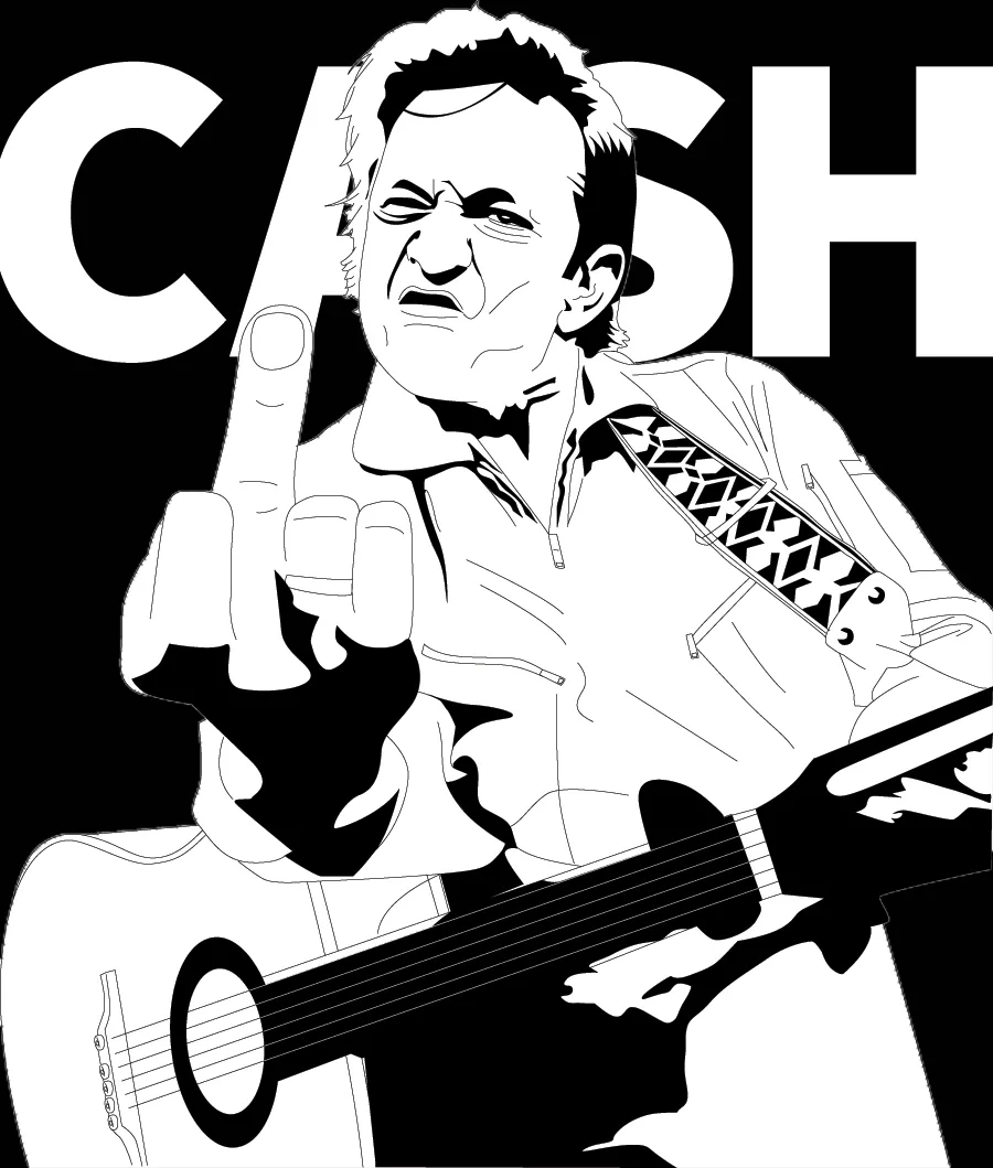 Johnny Cash poster: black-and-white illustration with his guitar under the word CASH