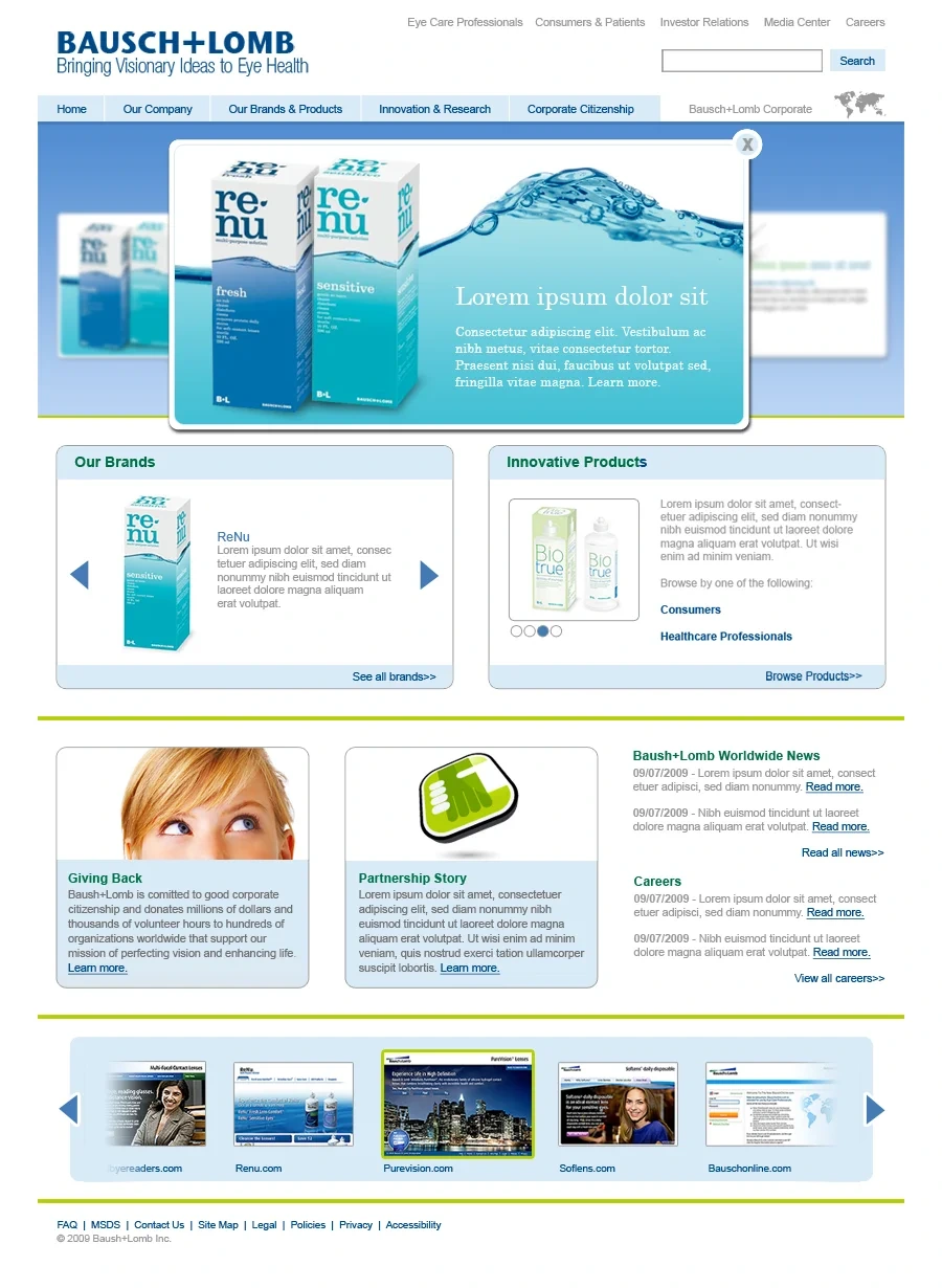 Bausch + Lomb corporate homepage concept: product hero, brand carousel, innovative products and news