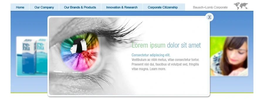 Homepage hero variant: close-up of an eye with a short headline