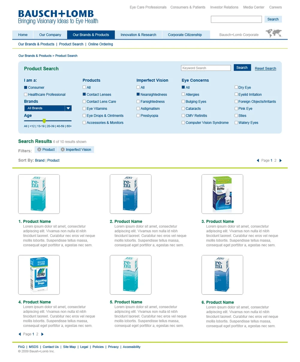 Product search page with filters for audience, product type and eye condition, and a grid of results