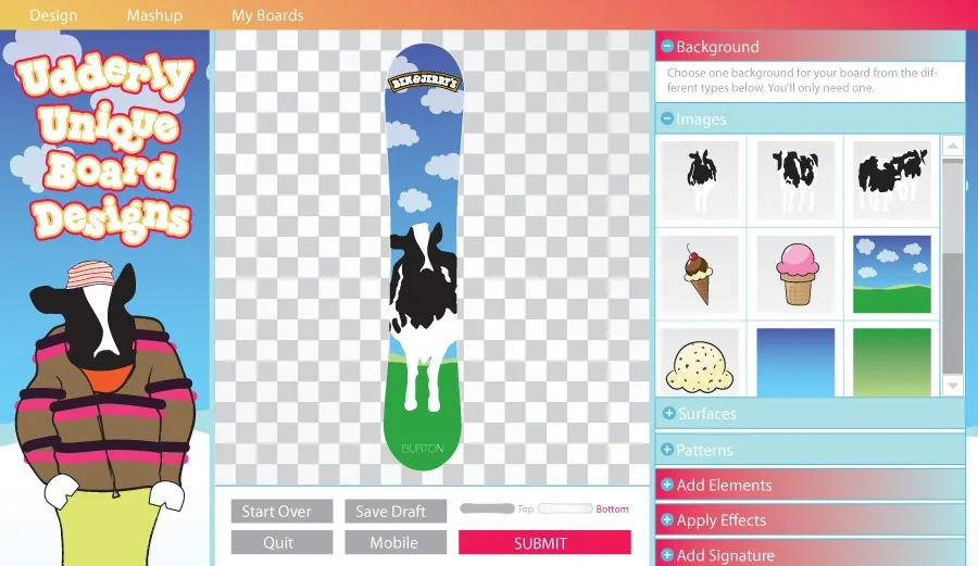 "Udderly Unique Board Designs" snowboard customizer with cow-print graphics