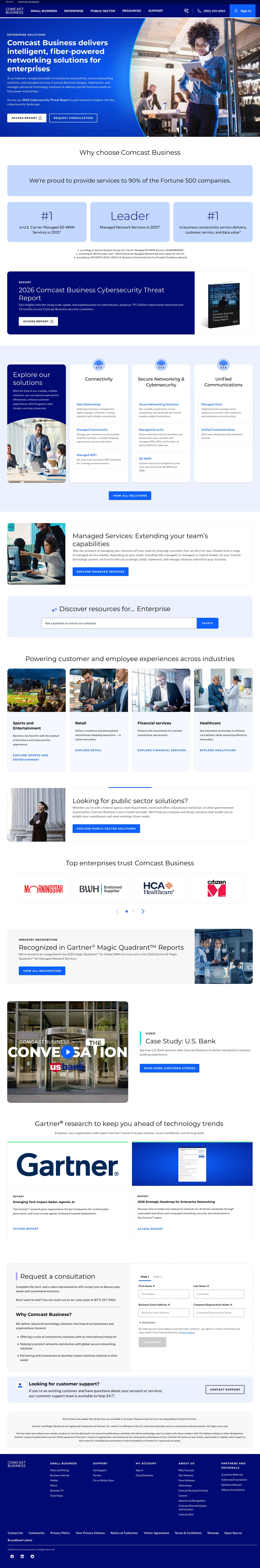 Enterprise homepage: fiber-powered networking hero, Fortune 500 proof points, threat report promo, solution categories, industries, Gartner recognition and a consultation form