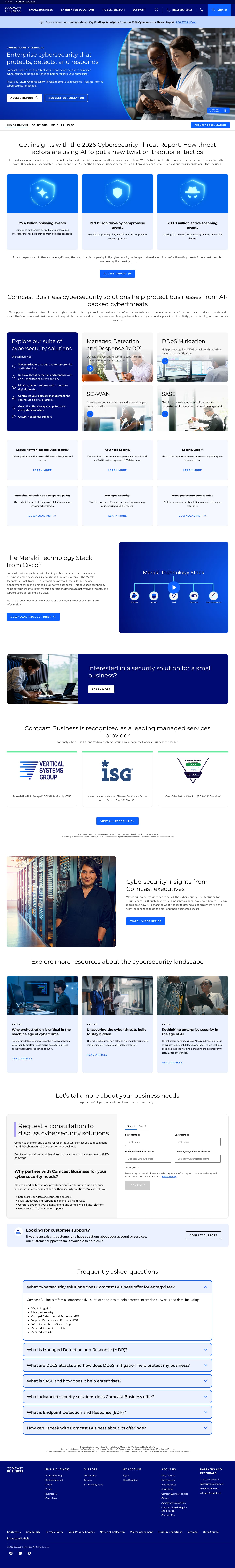 Cybersecurity page: 2026 Threat Report stats, MDR, DDoS, SD-WAN and SASE solutions, Meraki technology stack, analyst recognition, executive insights and FAQ