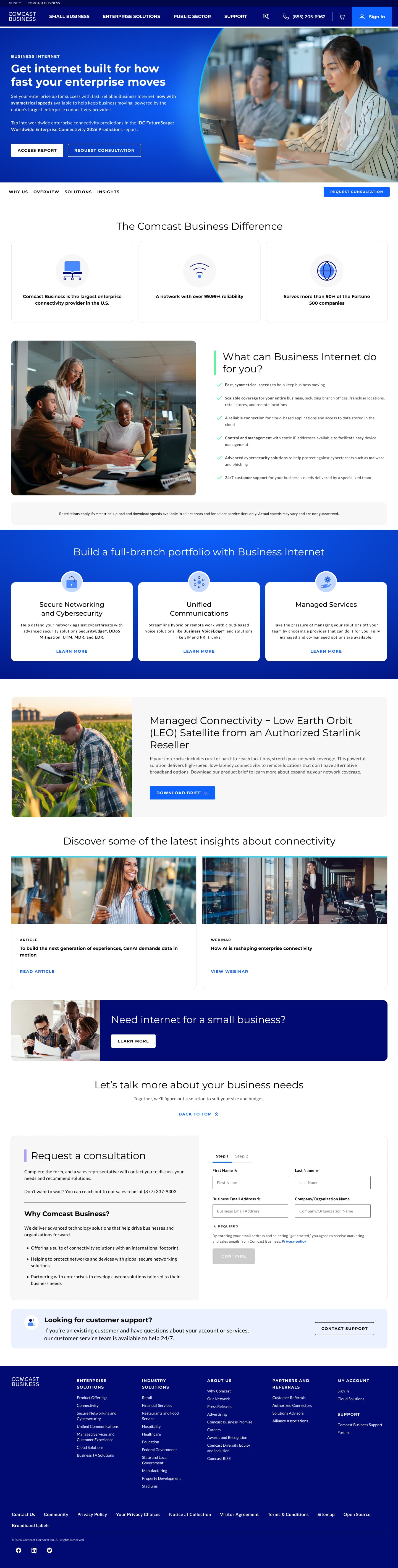 Business Internet page: symmetrical-speed hero, benefits list, the Comcast Business difference, proactive management, LEO satellite connectivity, insights and FAQ