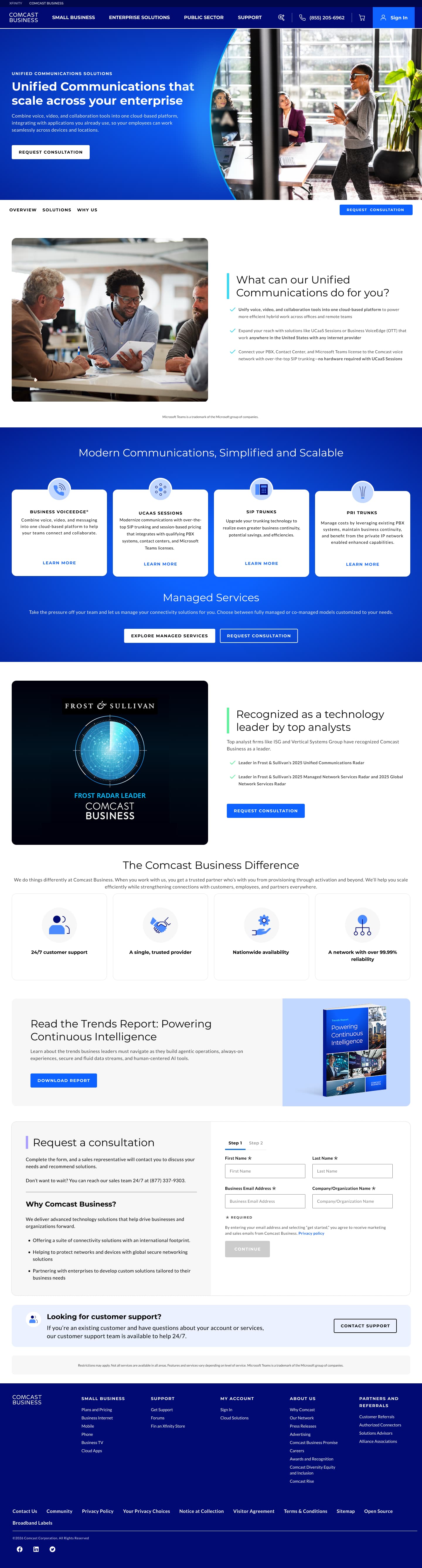Unified Communications page: VoiceEdge, UCaaS Sessions, SIP and PRI trunk solutions, managed services, Frost & Sullivan recognition and a trends report
