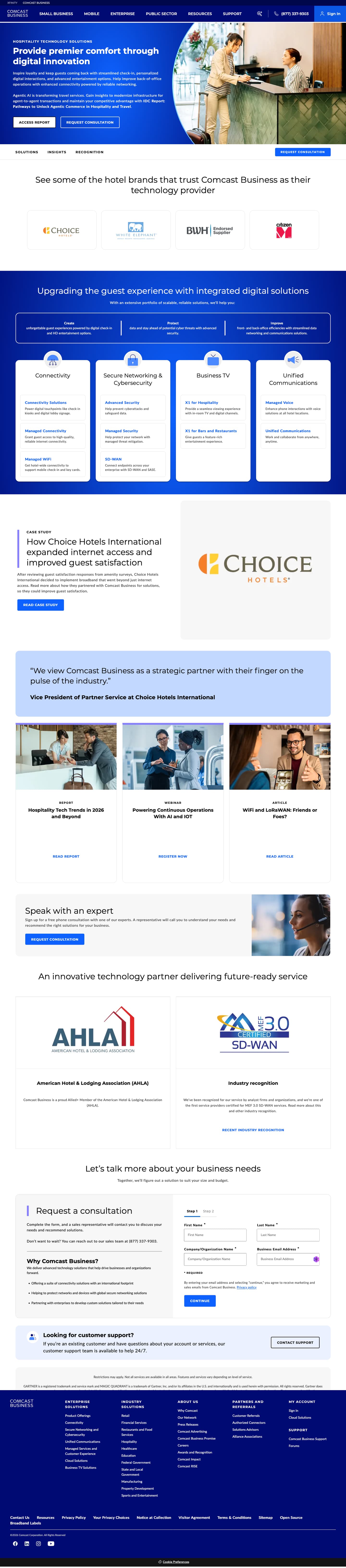 Hospitality page: hotel brand logos, integrated guest experience solutions, Choice Hotels case study and quote, industry insights and AHLA membership