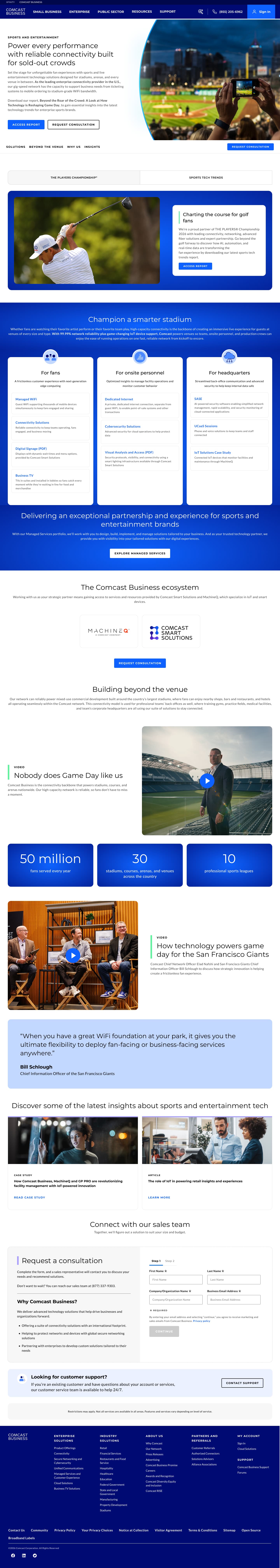 Sports and Entertainment page: smart stadium solutions with players up top, ecosystem partners, 50 million fans served stats, game-day videos and a San Francisco Giants quote
