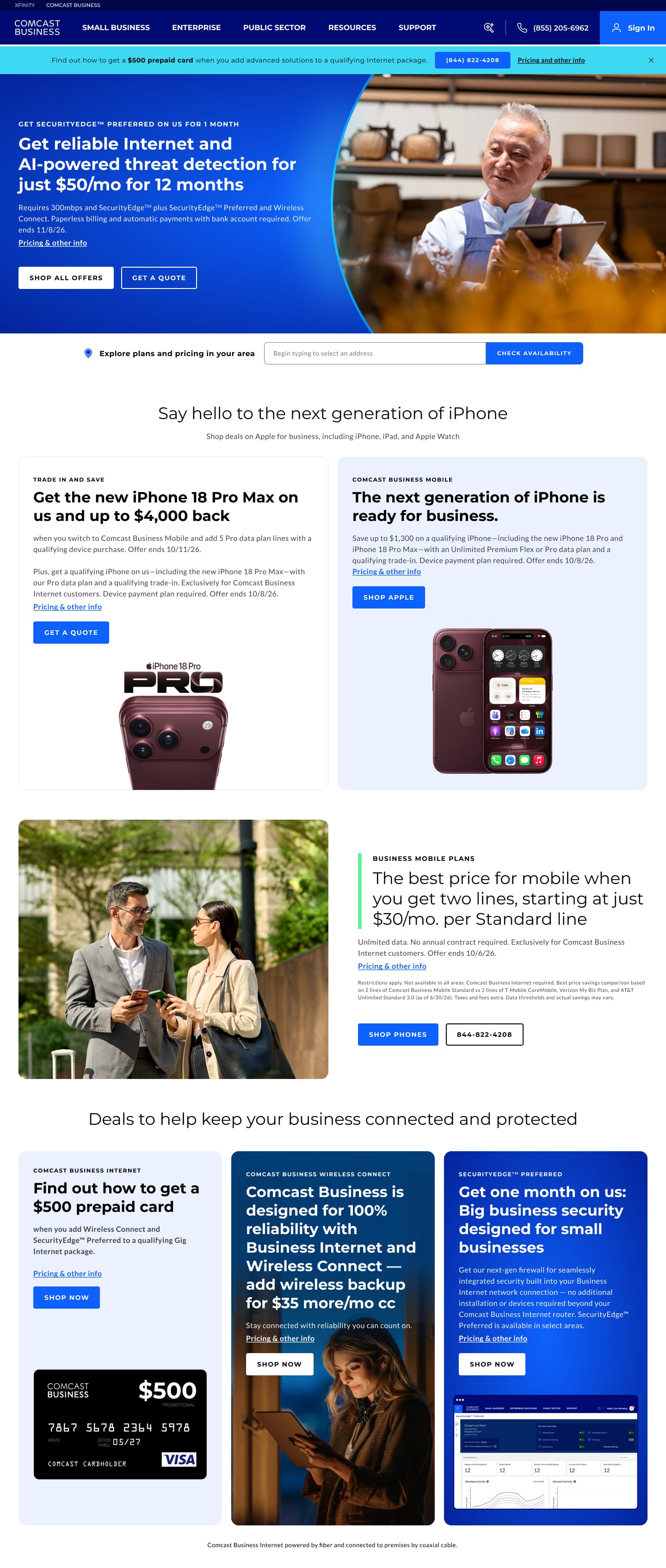 Comcast Business homepage: Internet and security offer, iPhone 18 Pro deals, two-line mobile pricing from $30/mo, and bundle deals