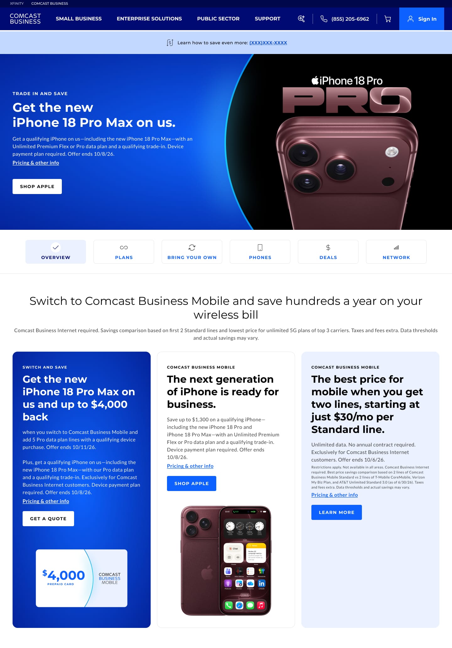 Comcast Business Mobile overview page: iPhone 18 Pro Max trade-in hero, section tabs (Overview, Plans, Bring Your Own, Phones, Deals, Network) and offer cards