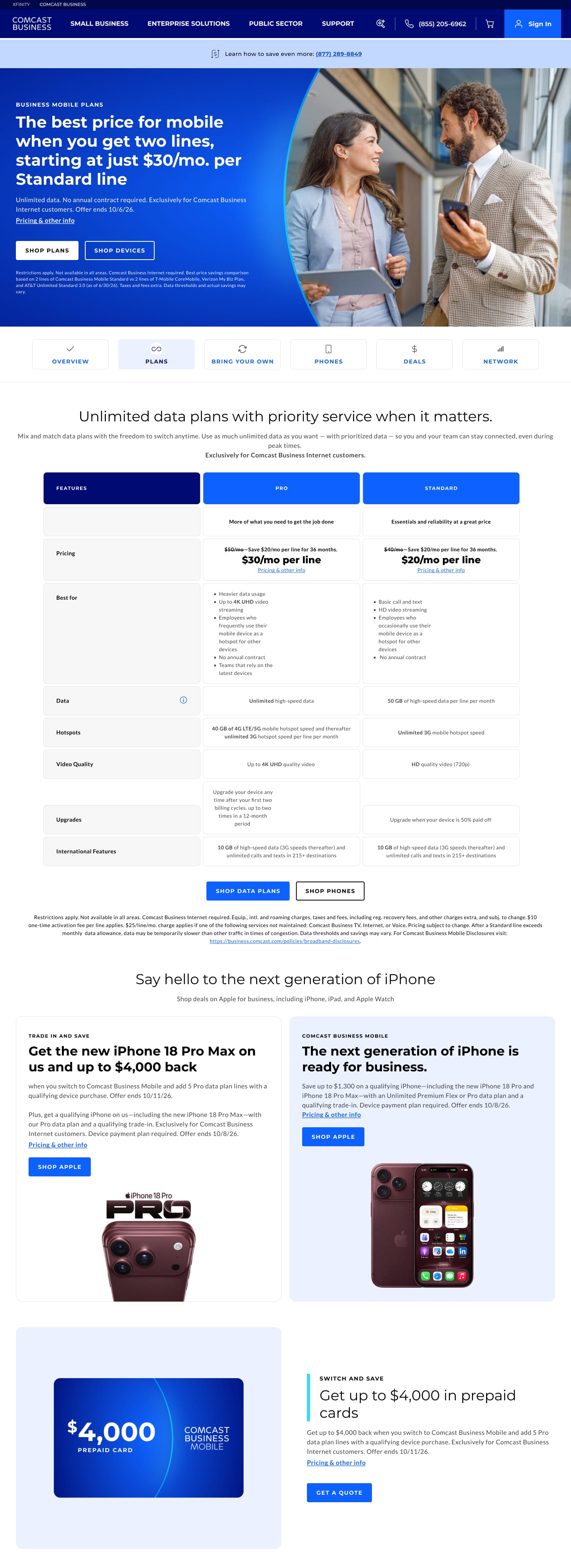 Mobile plans page: Pro and Standard unlimited plans compared side by side, iPhone offers and a $4,000 prepaid card promotion