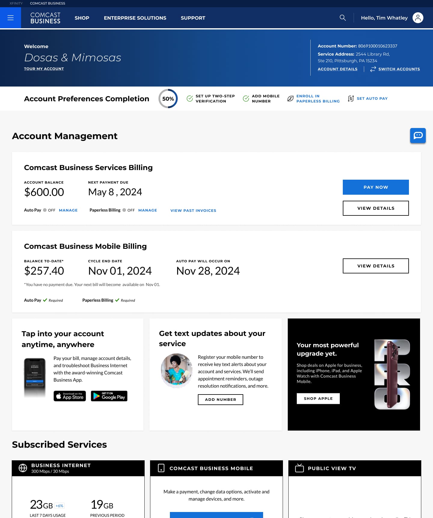 My Account dashboard: account preferences progress, Internet and Mobile billing summaries, app and text-alert promos, and subscribed services