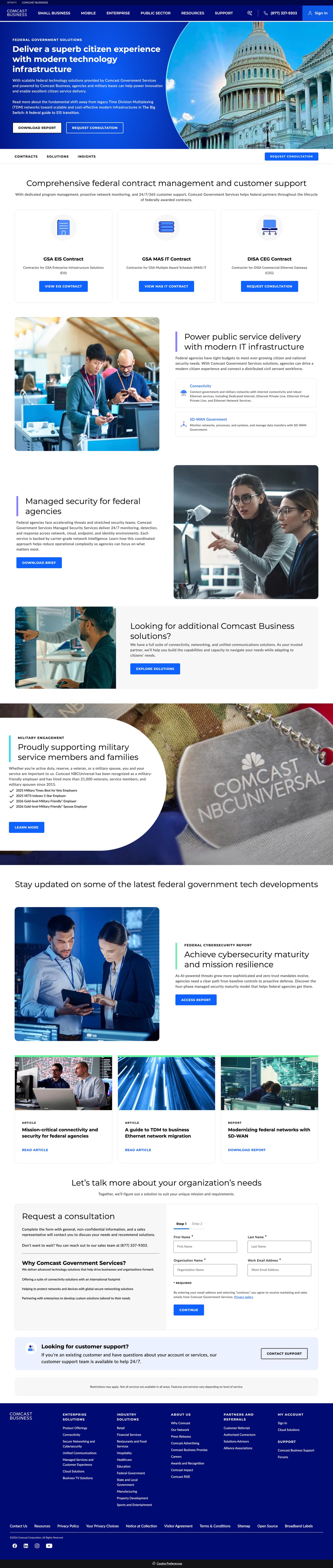 Federal Government page: GSA EIS, GSA MAS IT and DISA CEG contract cards, managed security, military engagement section and federal insights