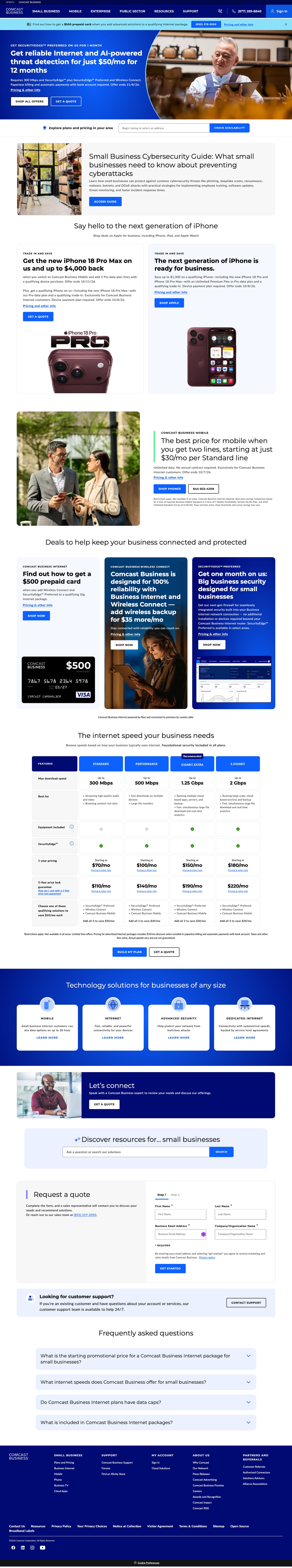 Comcast Business small business homepage: internet and security offer, cybersecurity guide, iPhone 18 Pro deals, internet speed comparison, solutions and a quote form