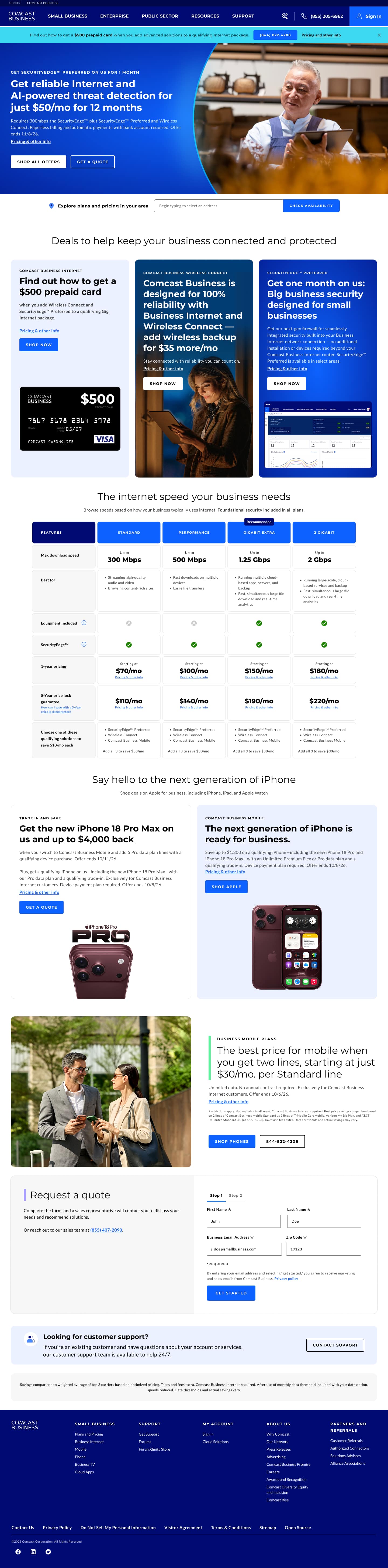 Landing page: deals, Internet speed comparison table, iPhone 18 Pro offers, mobile plan pricing and a request-a-quote form