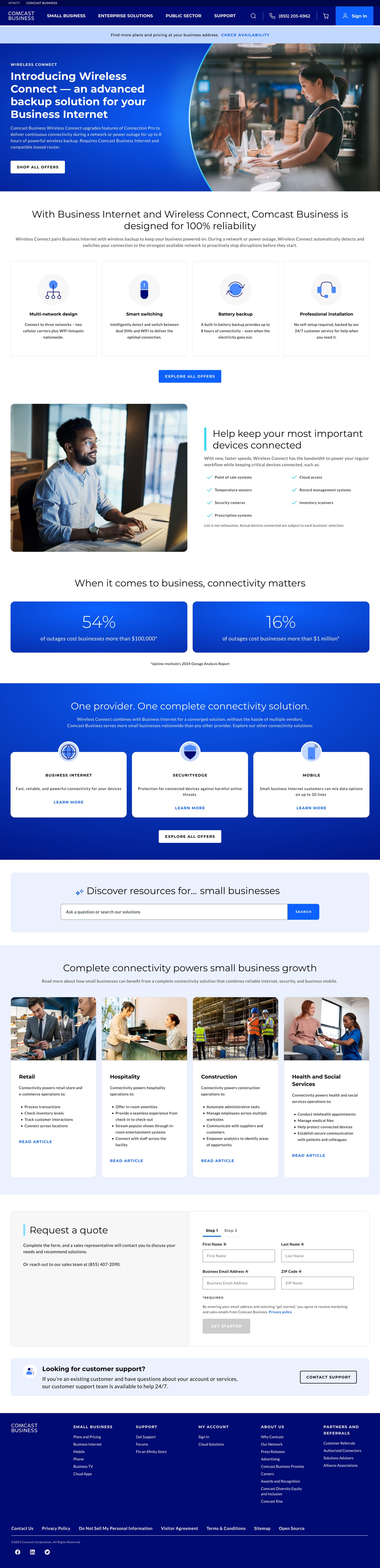 Wireless Connect page: backup-internet hero, 100% reliability features, outage cost stats, connectivity solutions, industry articles and a quote form