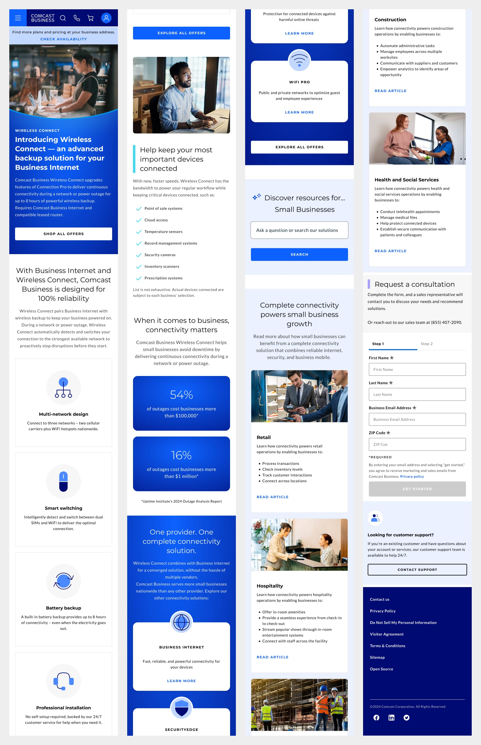 Wireless Connect mobile page shown in four side-by-side sections, from the hero to the footer