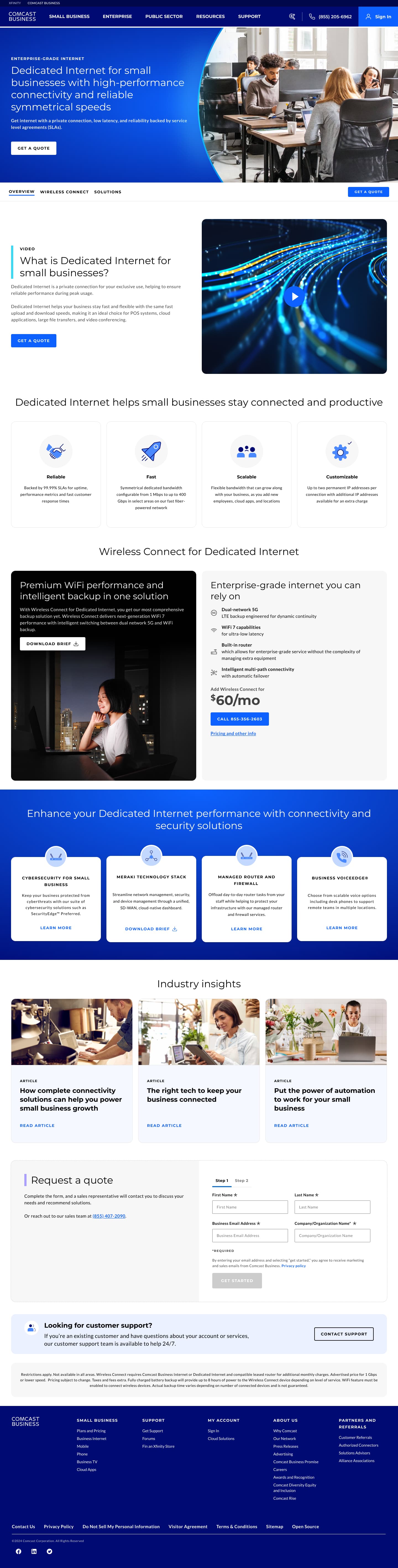 Dedicated Internet page: high-performance connectivity hero, benefits, Wireless Connect pairing, security solutions, industry insights and a quote form