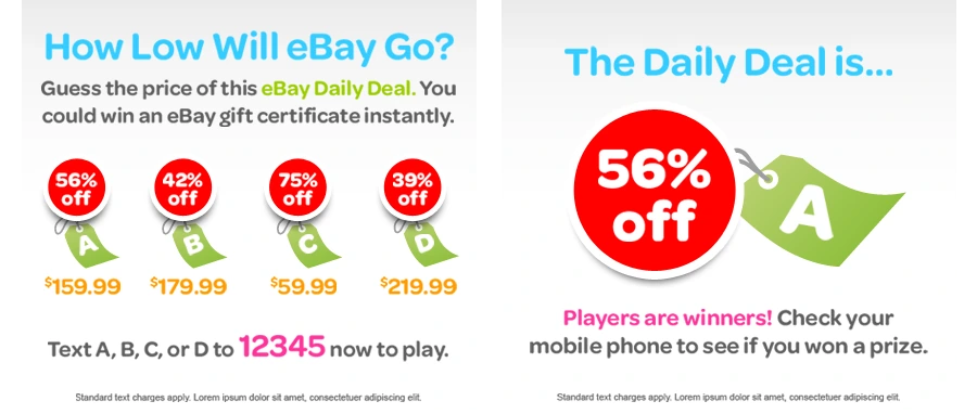 Billboard frames: guess how low the eBay price will go by texting A, B, C or D, then the reveal: 56% off, answer A