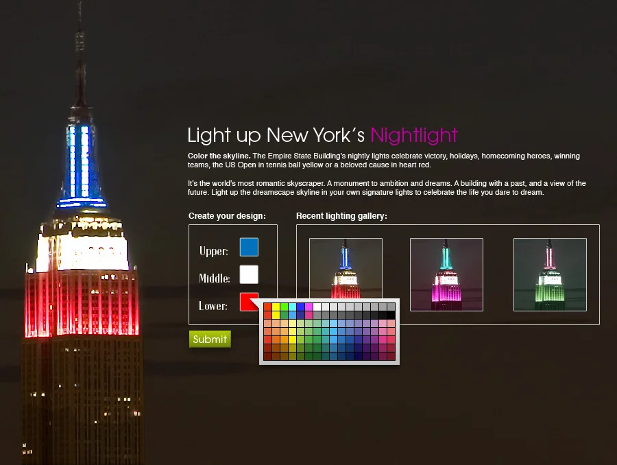 "Light up New York's Nightlight": a tool for choosing the tower's upper, middle and lower lighting colors
