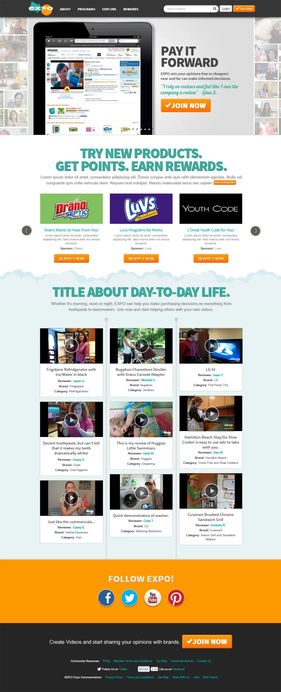EXPO homepage: "Pay It Forward" hero, Try New Products, Get Points, Earn Rewards offers and a video review grid