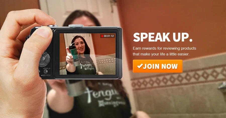 EXPO promo banner: "Speak Up" with a reviewer filming a product video