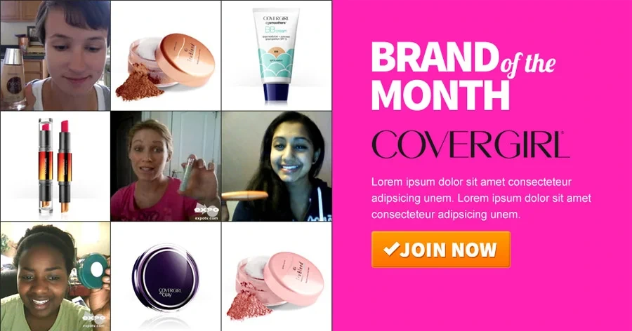 EXPO promo banner: CoverGirl "Brand of the Month" with reviewer photos