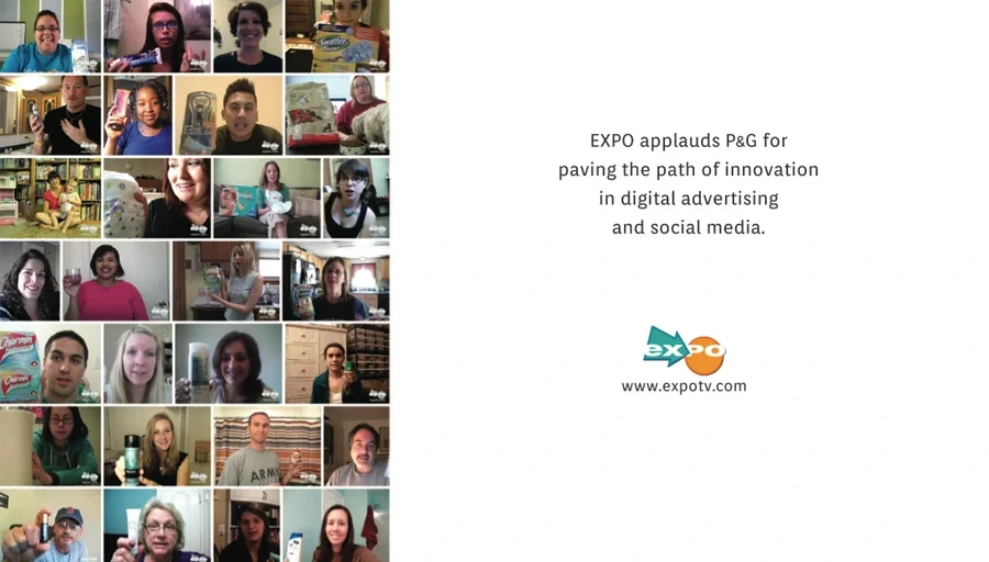 EXPO ad: a grid of video reviewers next to "EXPO applauds P&G for paving the path of innovation in digital advertising and social media"