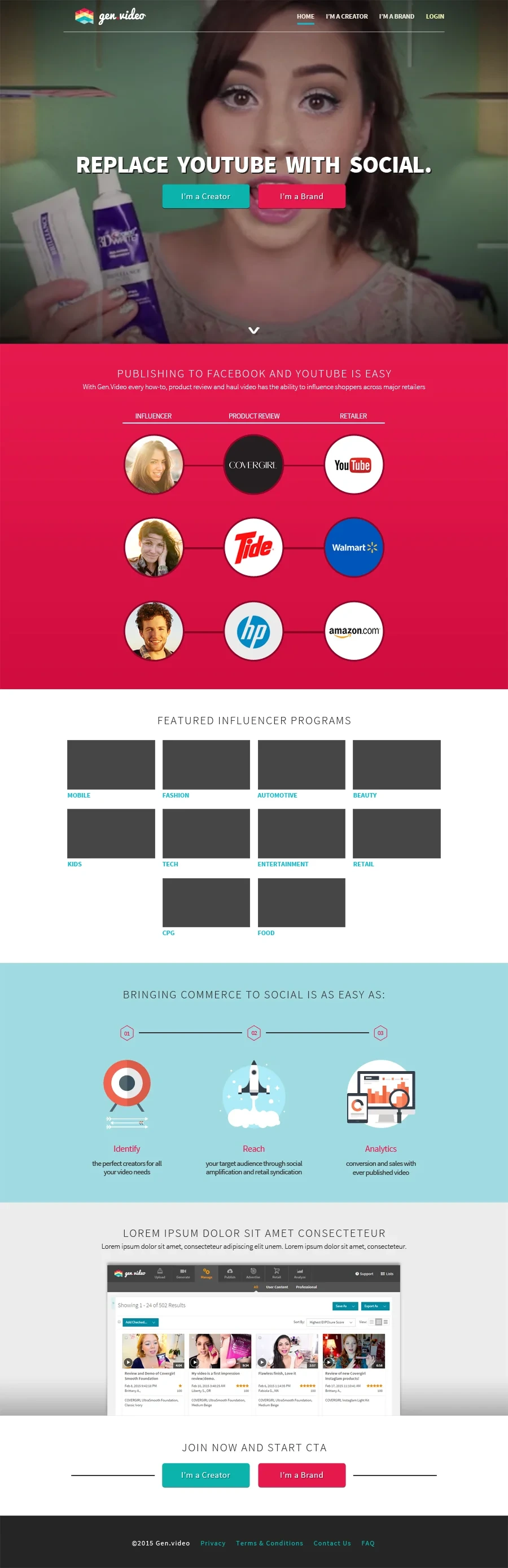 gen.video homepage: "Replace YouTube with Social" video hero, publishing partners, influencer programs, commerce features and join call to action