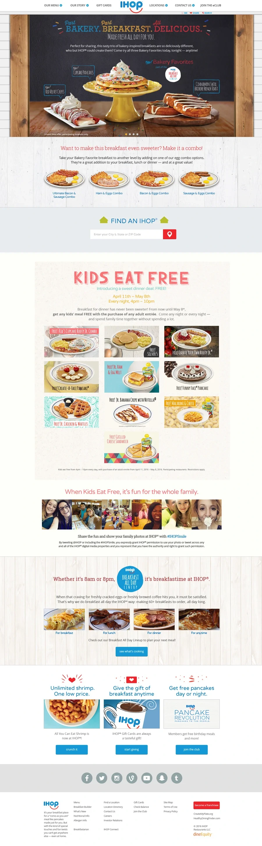 Bakery Favorites landing page: hero, combo add-ons, Kids Eat Free menu, all-day breakfast and offers