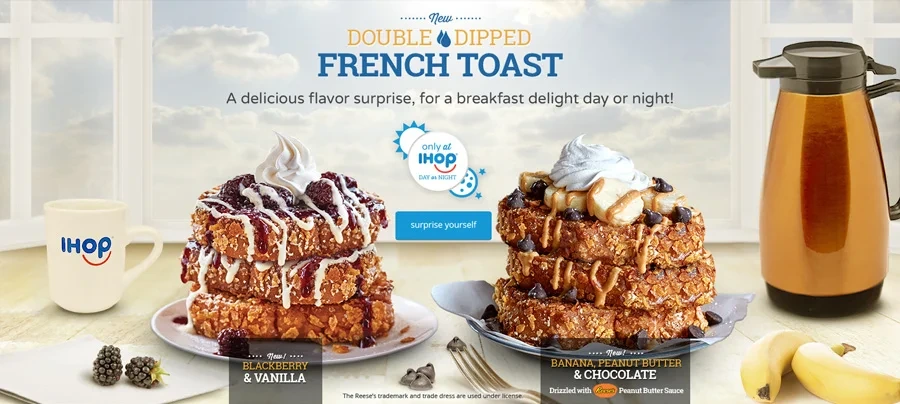 Double Dipped French Toast homepage hero in daytime light with orange juice and coffee