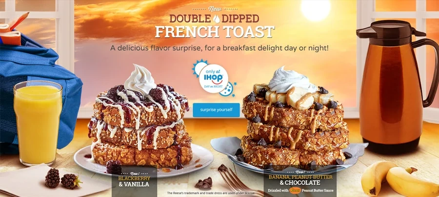 Double Dipped French Toast homepage hero at sunset with a school backpack