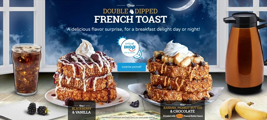Double Dipped French Toast homepage hero at night with a moon and a soda
