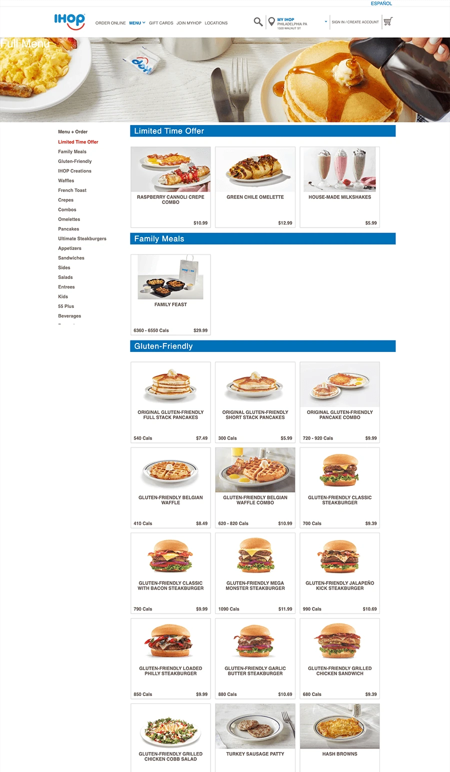 Online menu: category sidebar, limited-time offer, family meals and gluten-friendly items