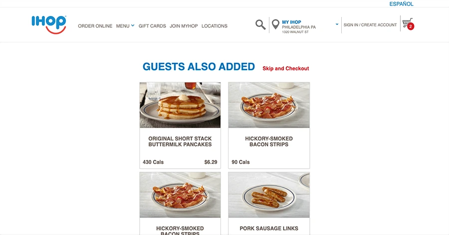 "Guests also added" upsell step suggesting pancakes and sides