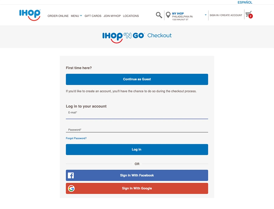IHOP 'N Go checkout sign-in: continue as guest, log in, or sign in with Facebook or Google