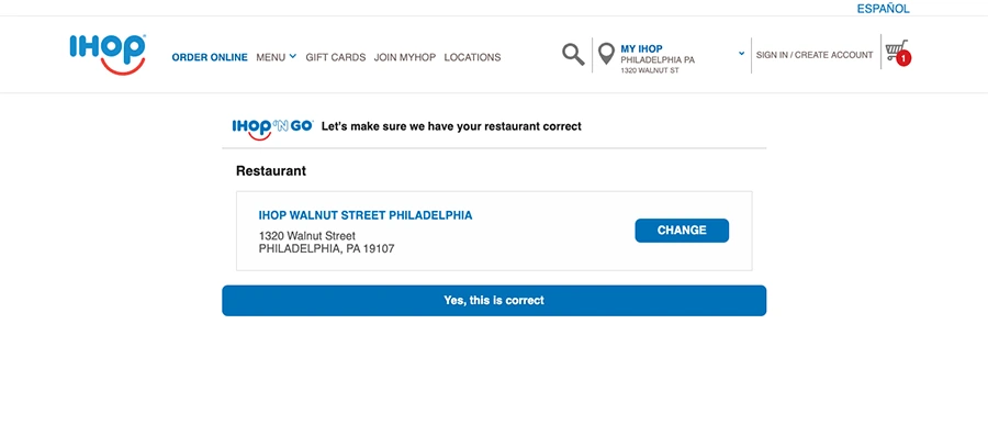 Restaurant confirmation step showing the selected IHOP location