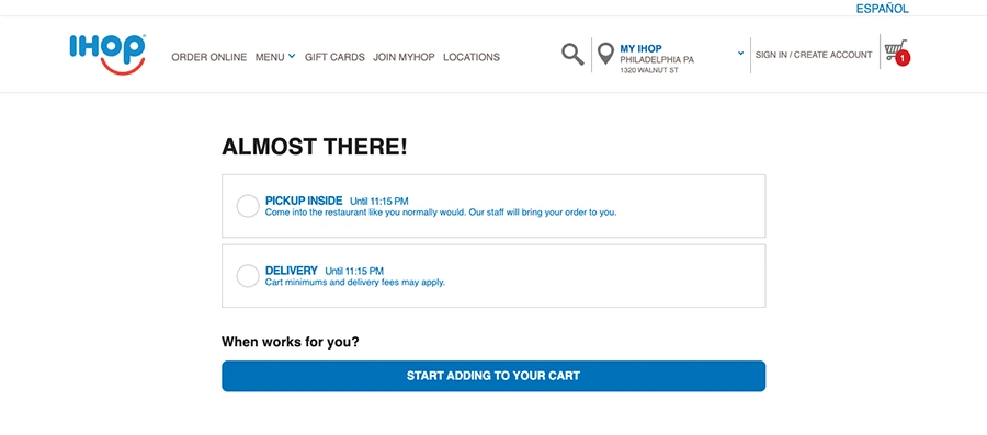 "Almost there!" step: choose pickup or delivery and when the order is ready