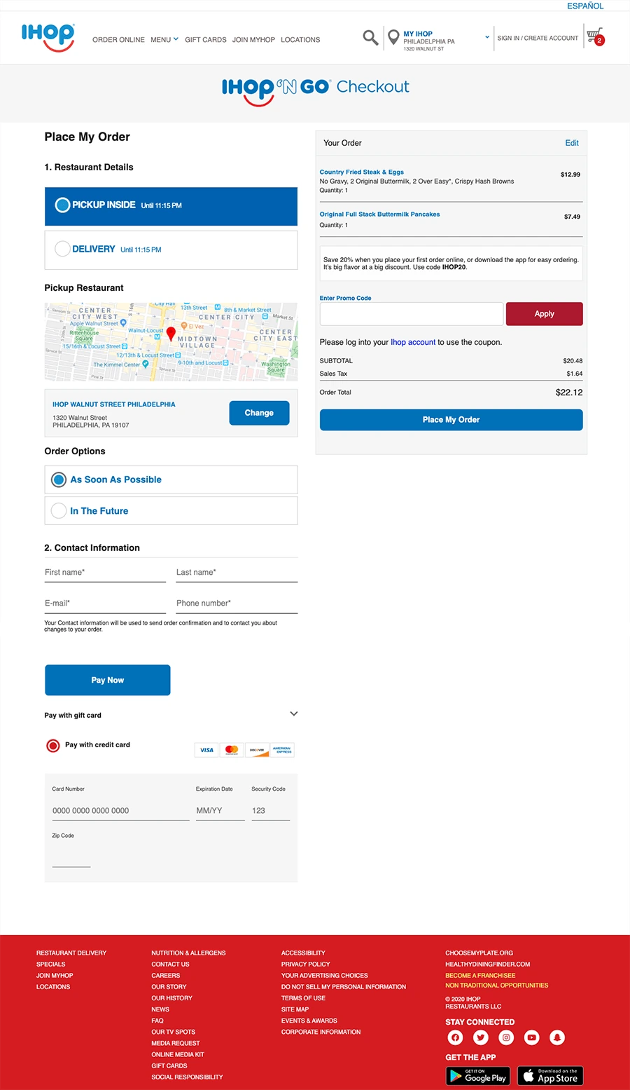 Full checkout page: restaurant details, pickup map, order timing, contact information, payment and order summary