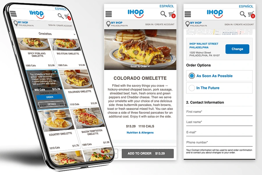Mobile screens: menu, product detail for the Colorado Omelette, and mobile checkout