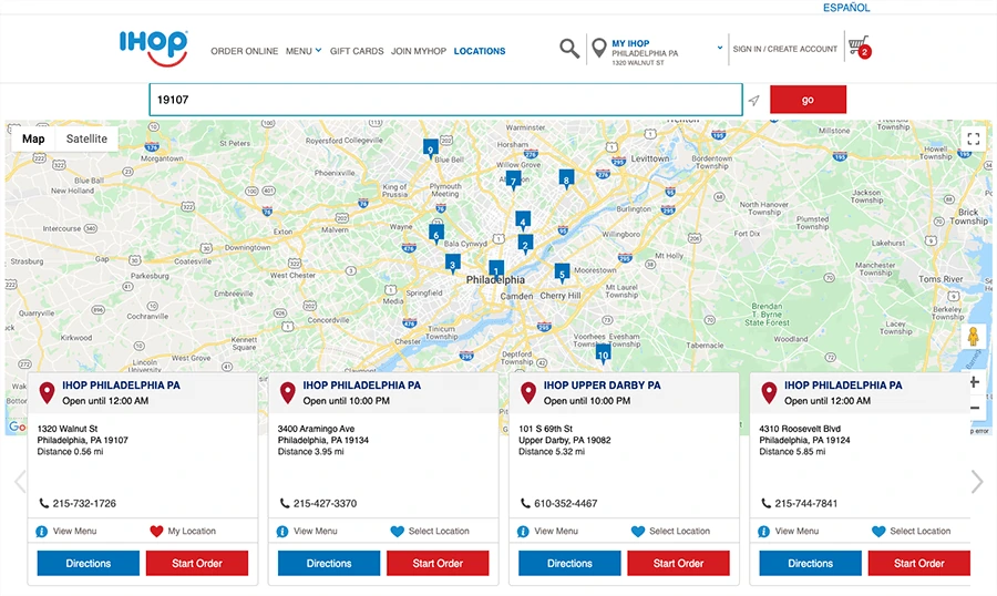 Restaurant locator: map of nearby IHOPs with address cards and order buttons