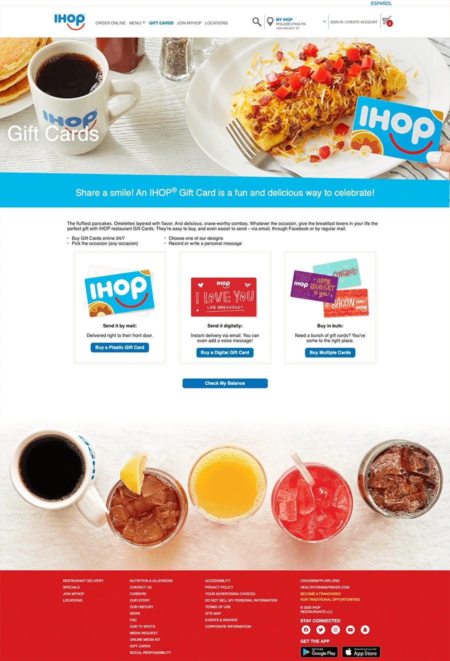 Gift Cards page: hero, gift card designs to buy, and drinks photography