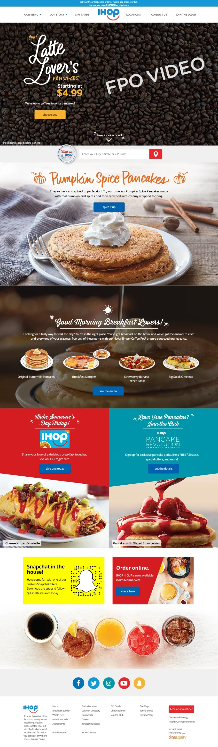 IHOP homepage: Latte Lover's Pancakes hero with a video placeholder, Pumpkin Spice Pancakes, combos and offers